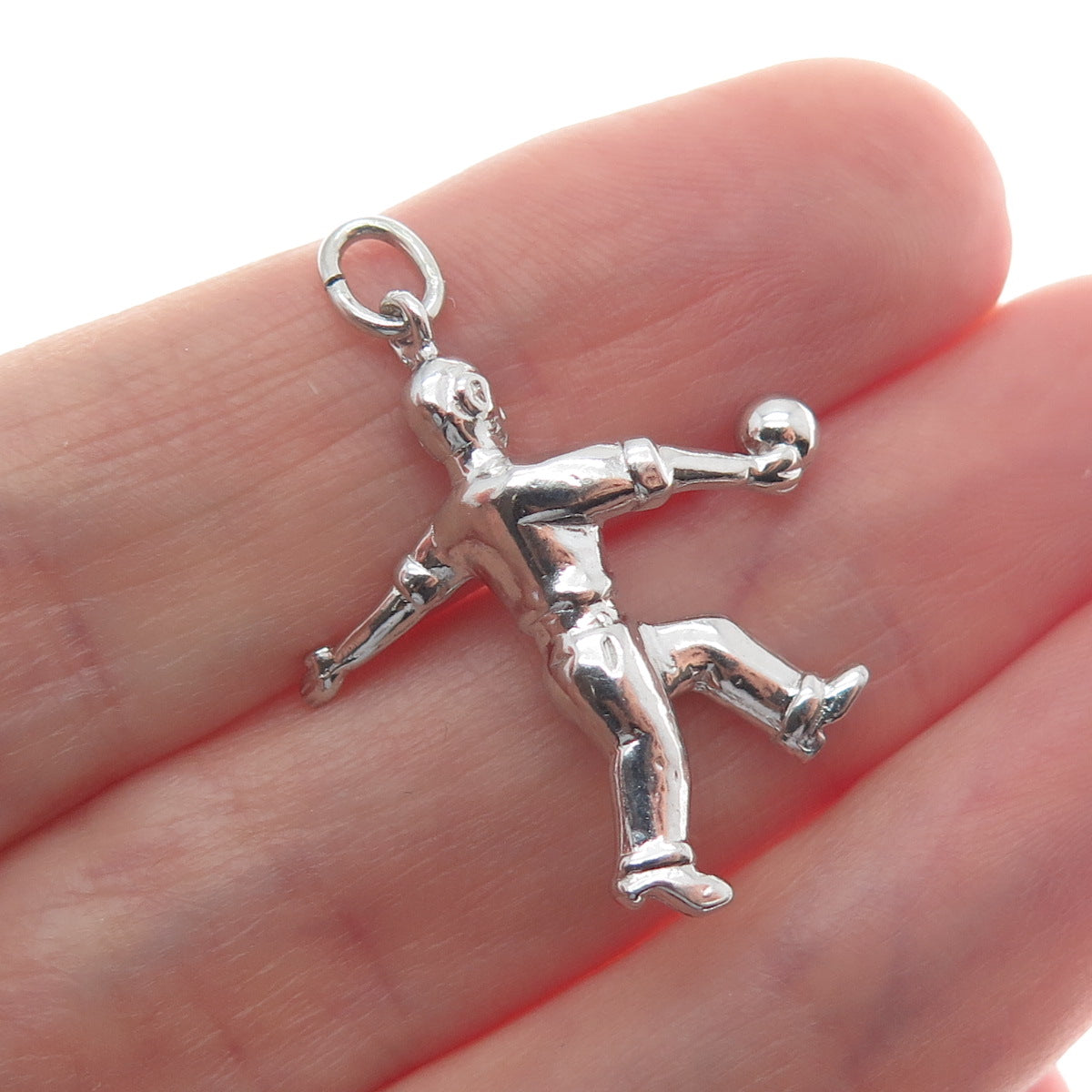 WELLS 925 Sterling Silver Vintage Bowling Man Minimalist 3D Charm Pendant