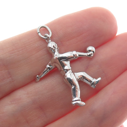 WELLS 925 Sterling Silver Vintage Bowling Man Minimalist 3D Charm Pendant