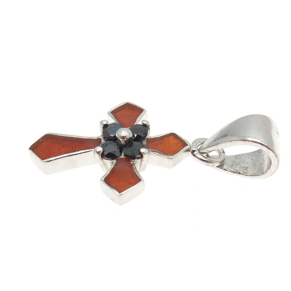 925 Sterling Silver Vintage Enamel Real Black Spinel Cross Pendant