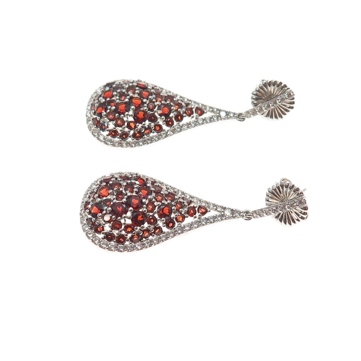 925 Sterling Silver Real Red Garnet & C Z Cluster Teardrop Dangle Earrings