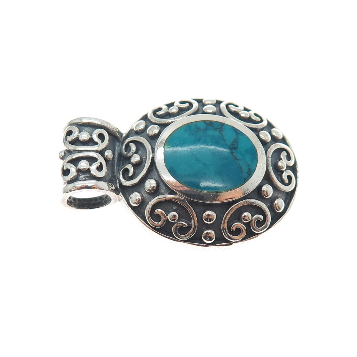 CHAPAL ZENRAY Sterling Silver Vintage Real Bisbee Turquoise Ornate Charm Pendant