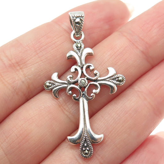 925 Sterling Silver Vintage Real Marcasite Fleur de Lis Cross Pendant