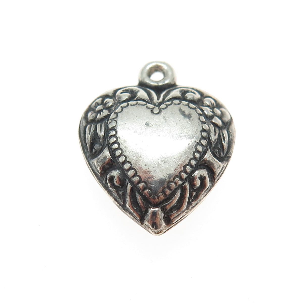 925 Sterling Silver Vintage Puffy Heart Ornate 3D Charm Pendant