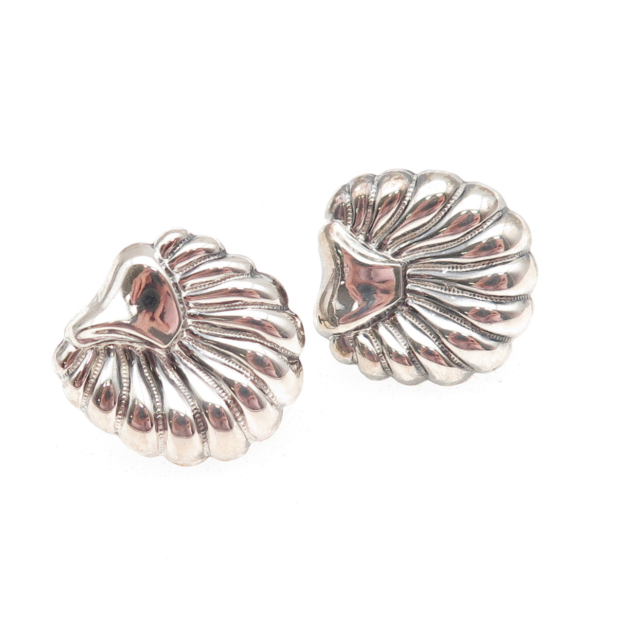 925 Sterling Silver Antique Art Deco Seashell Oxidized Screw Back Earrings