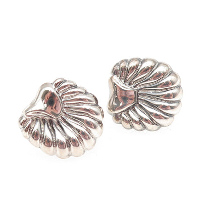 925 Sterling Silver Antique Art Deco Seashell Oxidized Screw Back Earrings