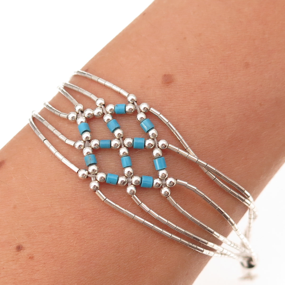 Old Pawn 925 Sterling Silver Vintage Turquoise Tribal Liquid Chain Bracelet 7"