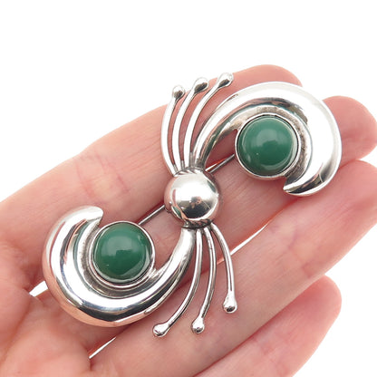 925 Sterling Silver Vintage Mexico Real Green Onyx Modernist Pin Brooch