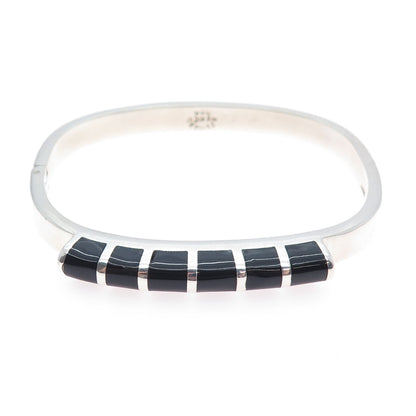 925 Sterling Silver Vintage Mexico Real Black Onyx Modernist Bangle Bracelet 7"