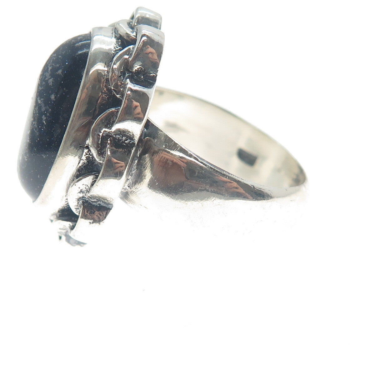 925 Sterling Silver Vintage Real Blue Sunstone Chain Link Oxidized Ring Size 8.5