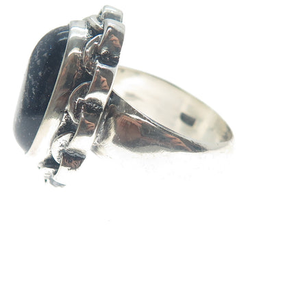 925 Sterling Silver Vintage Real Blue Sunstone Chain Link Oxidized Ring Size 8.5
