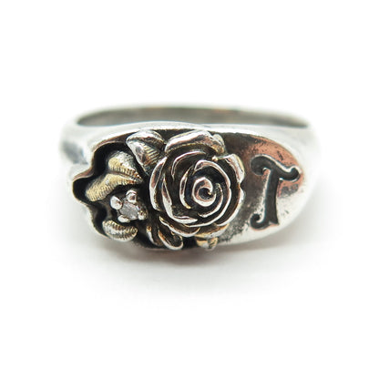 KEEPSAKE Sterling Silver Vintage Real Diamond Rose Flower Oxidized Ring Size 7.5