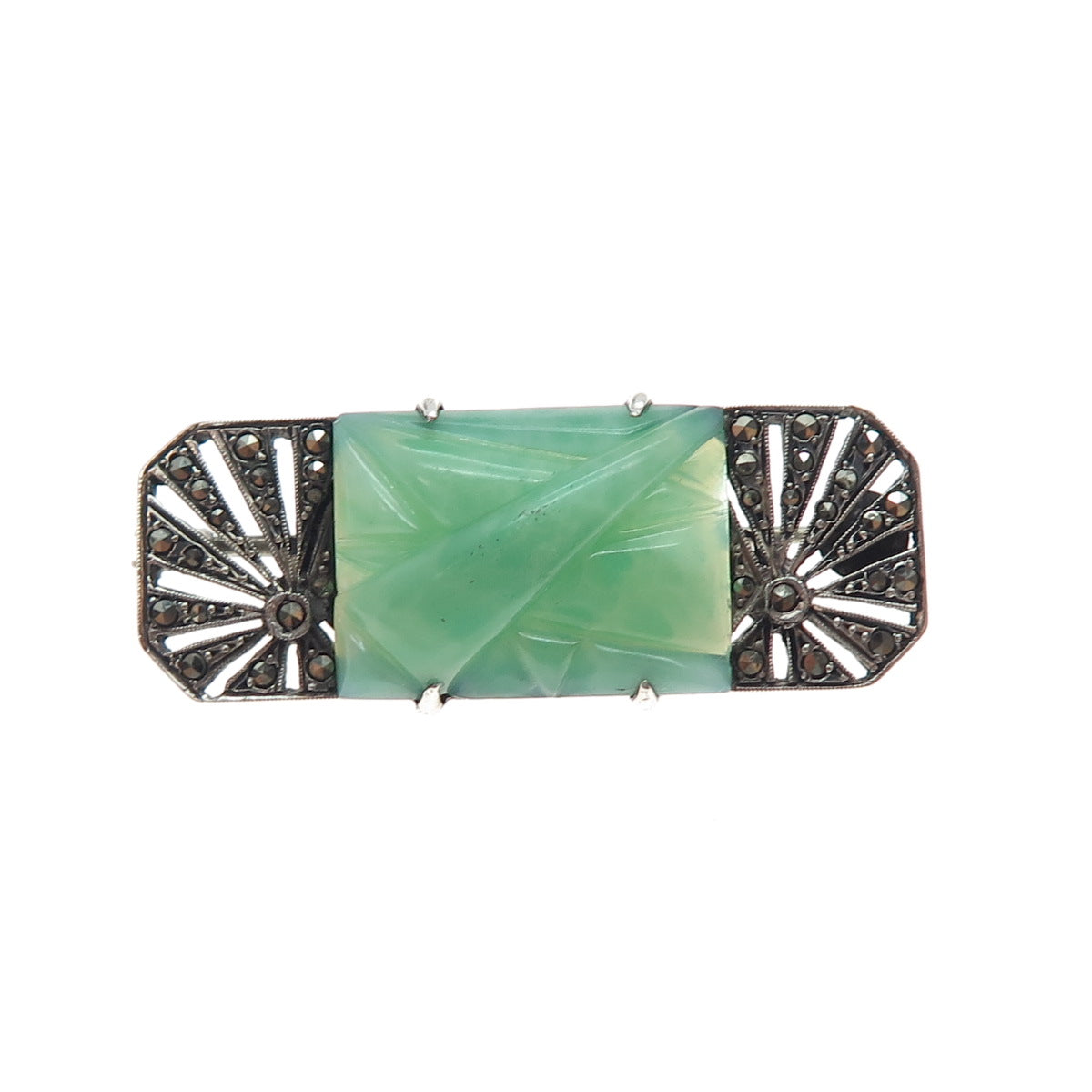 925 Sterling Silver Antique Faux Jade & Real Marcasite Oxidized Pin Brooch