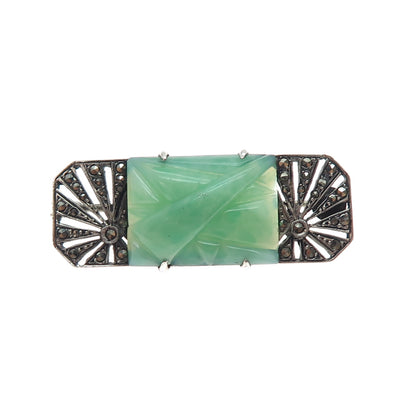 925 Sterling Silver Antique Faux Jade & Real Marcasite Oxidized Pin Brooch