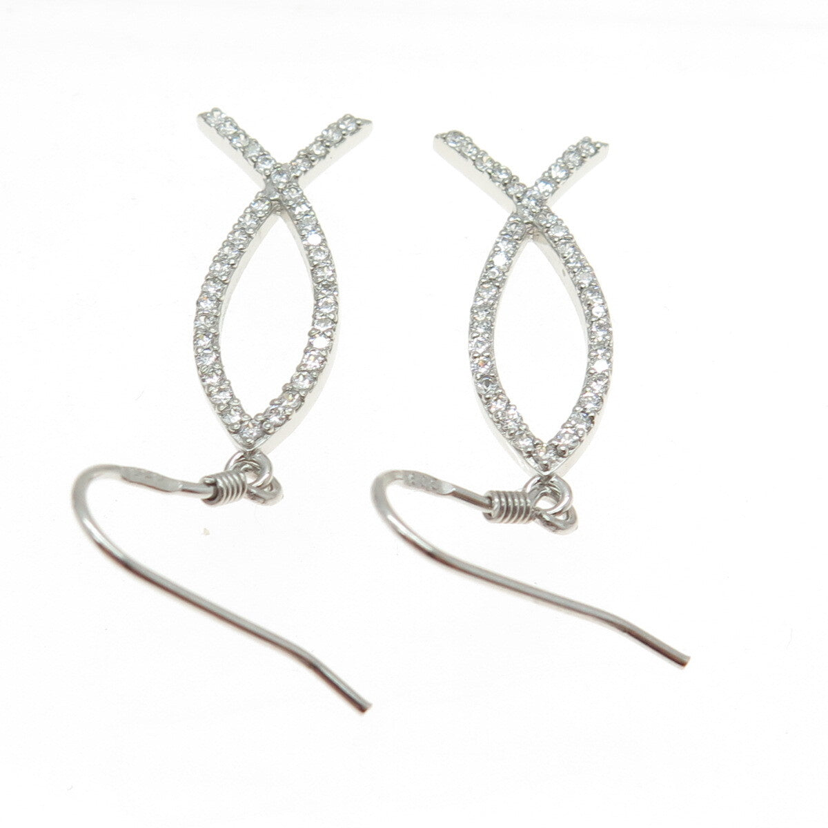 925 Sterling Silver Round-Cut C Z Ichthys Symbol Dangling Earrings