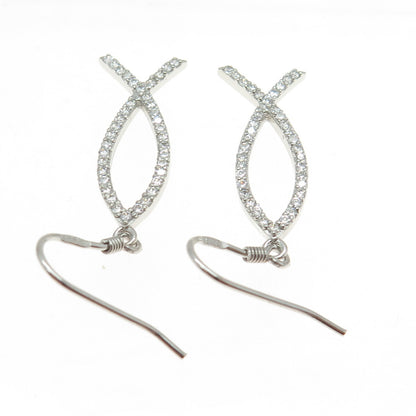 925 Sterling Silver Round-Cut C Z Ichthys Symbol Dangling Earrings