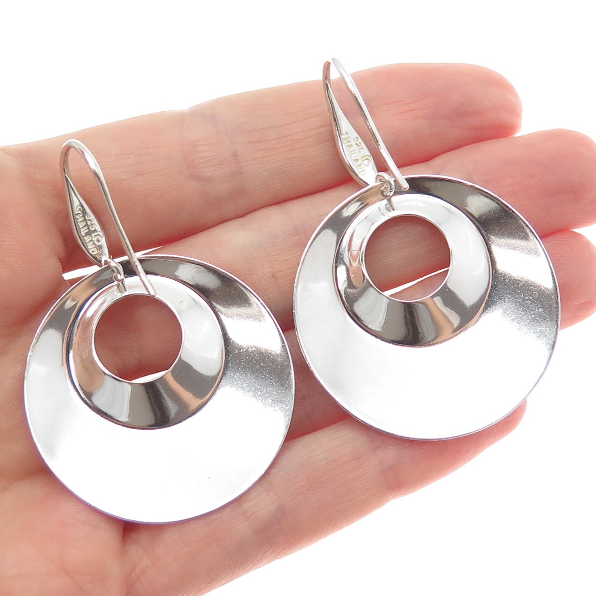 925 Sterling Silver Vintage Modernist Crescent Diamond-Cut Disc Dangle Earrings