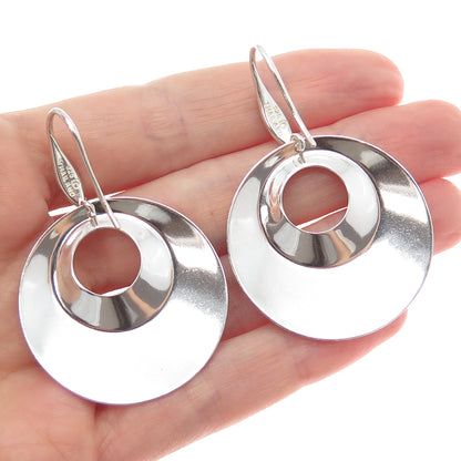 925 Sterling Silver Vintage Modernist Crescent Diamond-Cut Disc Dangle Earrings