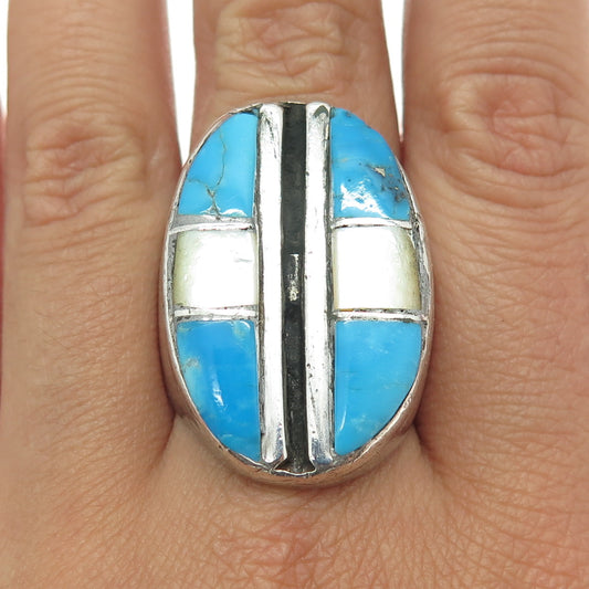 Old Pawn Sterling Silver Vintage Morenci Turquoise & MOP Tribal Ring Size 11.5