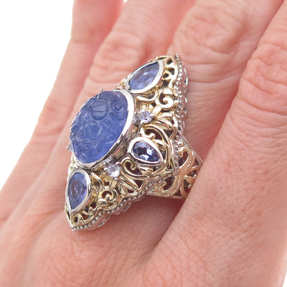 925 Sterling Silver 2-Tone Real Tanzanite Carved Floral Ring Size 8.25
