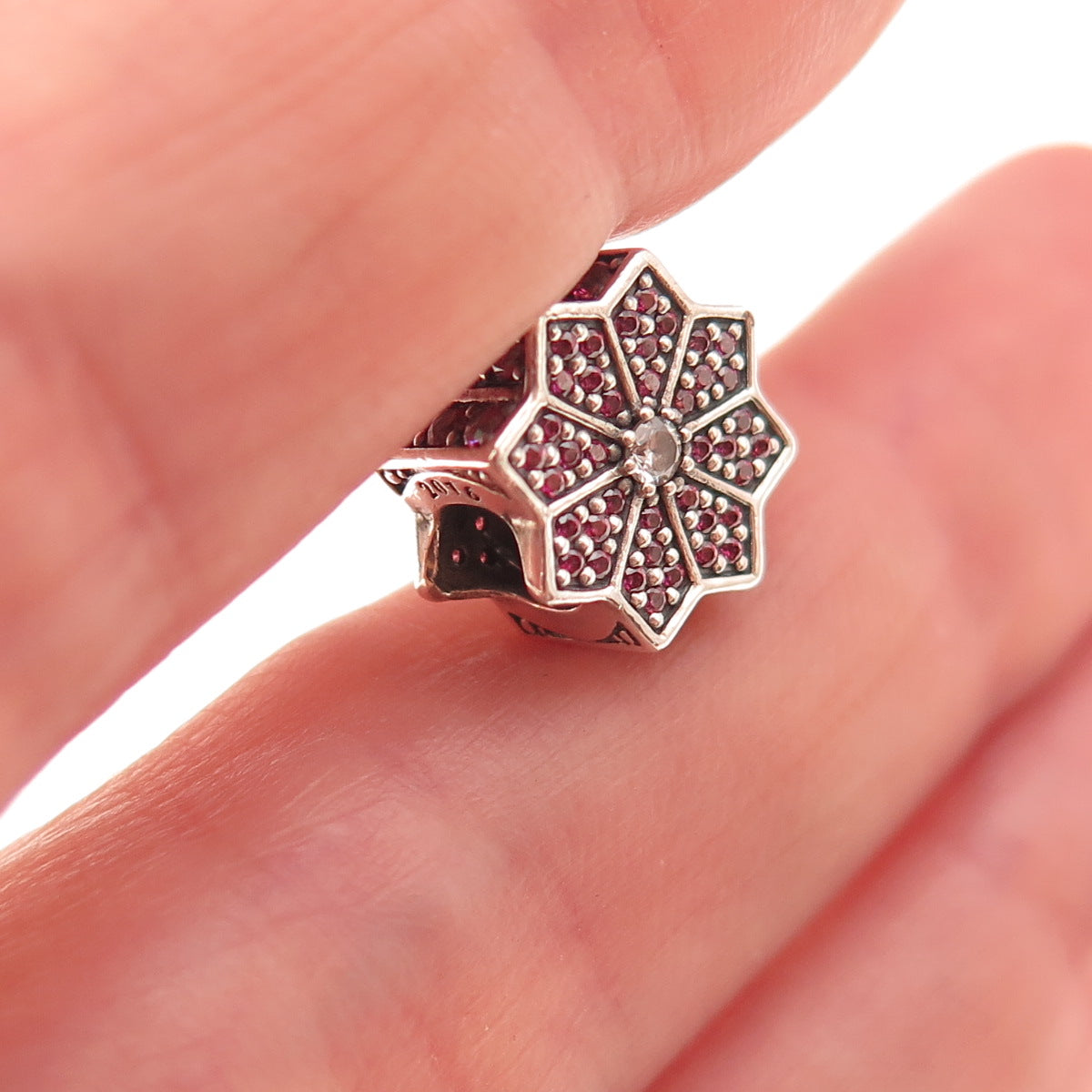Pandora 925 Sterling Silver 2016 Red & White C Z Poinsettia Slide Bead Charm