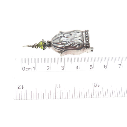925 Sterling Silver Vintage Green Crystal Floral Bell Oxidized Charm Pendant