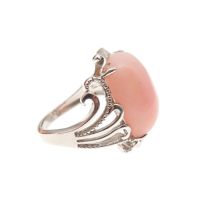 925 Sterling Silver Real Cabochon Pink Opal Floral Scroll Ring Size 6