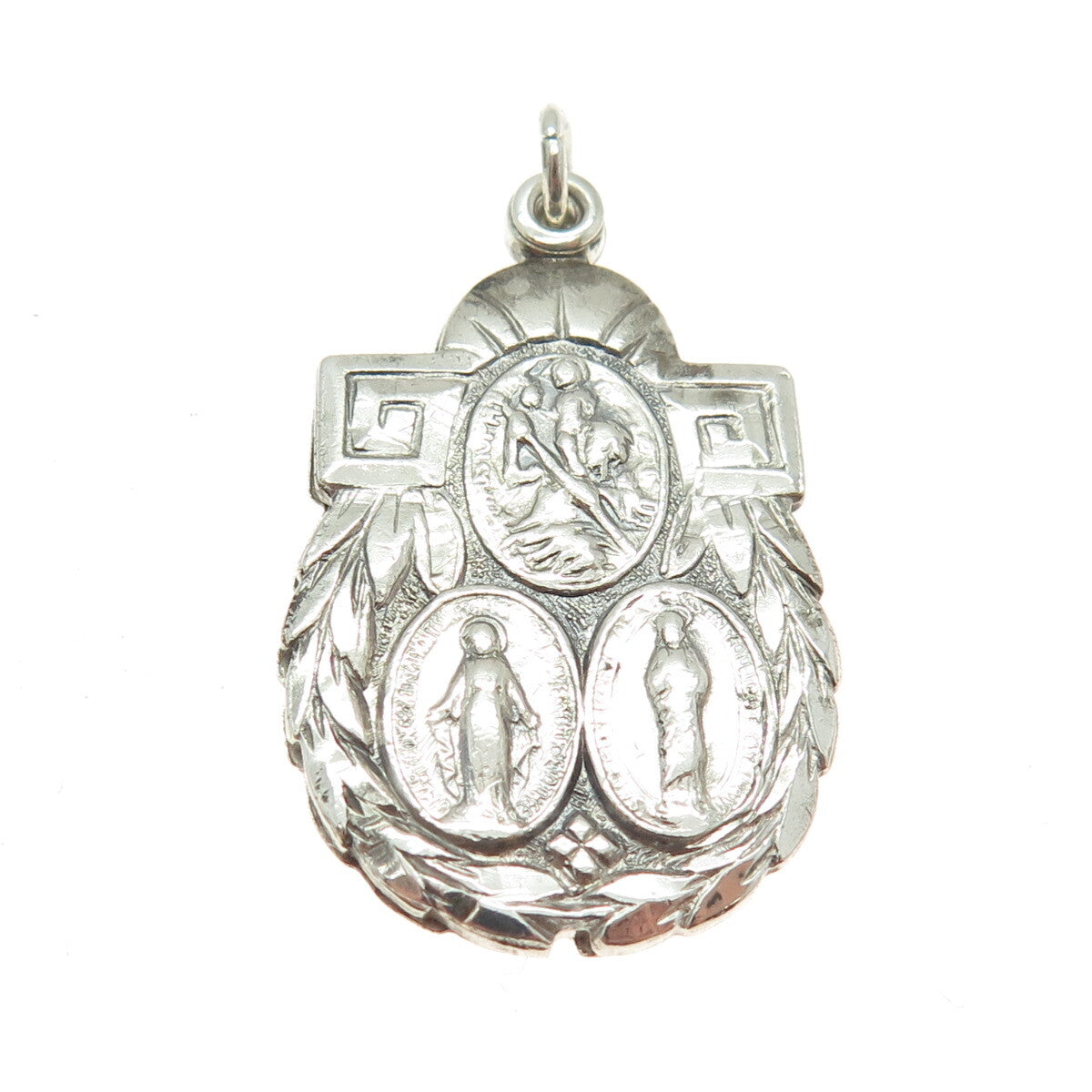 925 Sterling Silver Antique Art Deco Jesus St. Mary & Christopher Medal Pendant