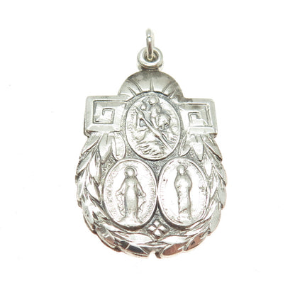 925 Sterling Silver Antique Art Deco Jesus St. Mary & Christopher Medal Pendant