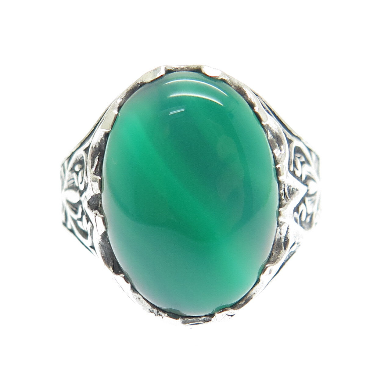 925 Sterling Silver Vintage Green Agate Flower Oxidized Ring Size 11.5