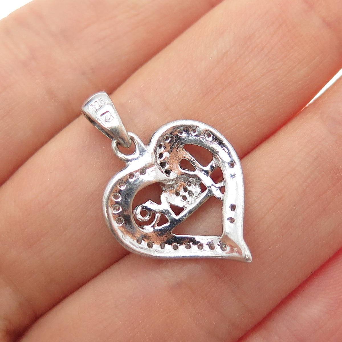 925 Sterling Silver 2-Tone Real Round-Cut Diamond Love Heart Charm Pendant