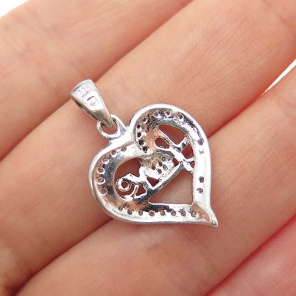 925 Sterling Silver 2-Tone Real Round-Cut Diamond Love Heart Charm Pendant