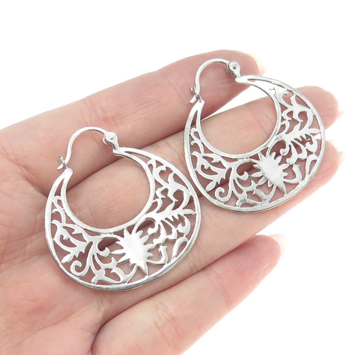 925 Sterling Silver Ornate Hinged Earrings