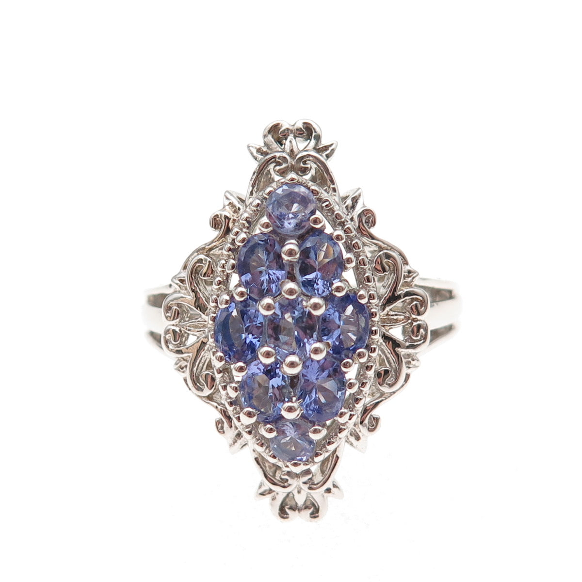 Chuck Clemency 925 Sterling Silver Real Tanzanite Cluster Ornate Ring Size 9