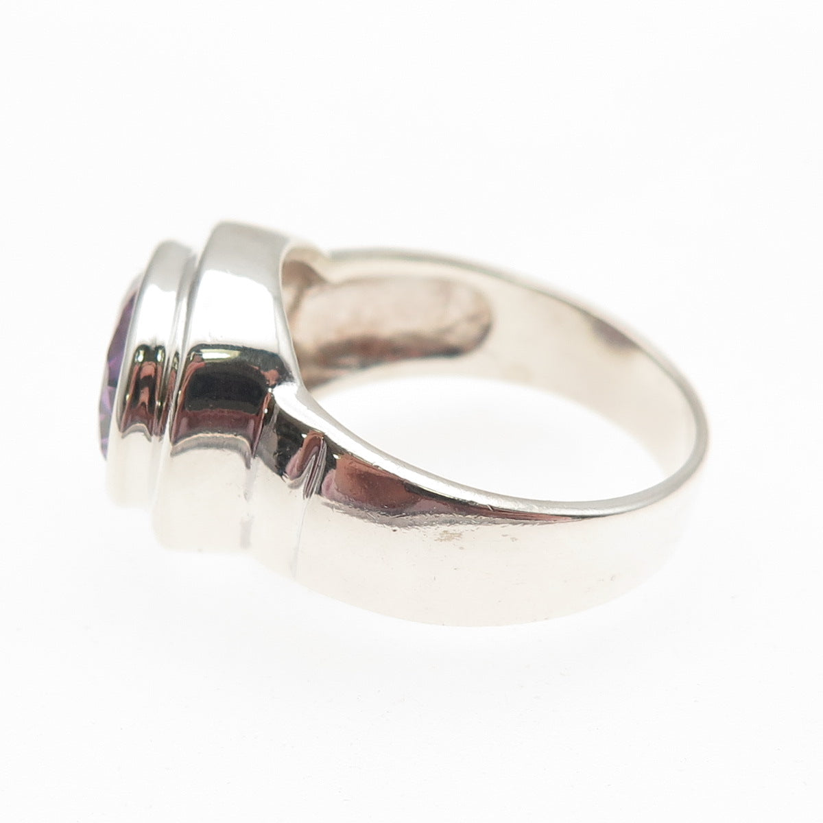 925 Sterling Silver Vintage Real Oval-Cut Amethyst Modernist Ring Size 9