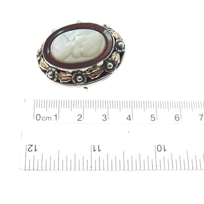 925 Sterling Silver Gold Antique Real MOP & Carnelian Lady Cameo Pin Brooch