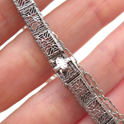 925 Sterling Antique Art Deco Real Diamond & Rhinestone Filigree Bracelet 6.5"