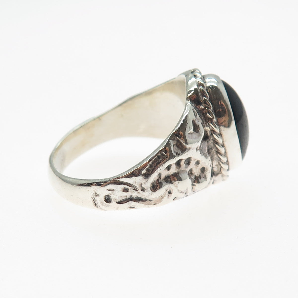 925 Sterling Silver Vintage Real Black Onyx Modernist Ring Size 12.75