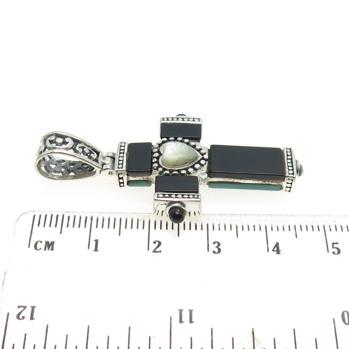 925 Sterling Silver Vintage MOP Black Onyx Turquoise Cross Dual Sided Pendant