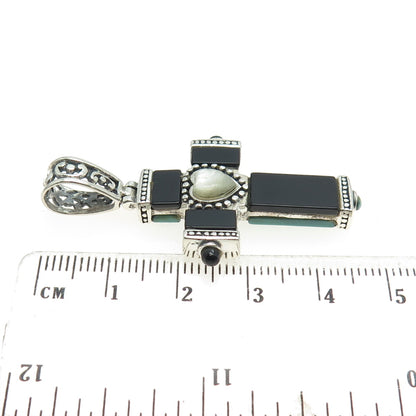 925 Sterling Silver Vintage MOP Black Onyx Turquoise Cross Dual Sided Pendant