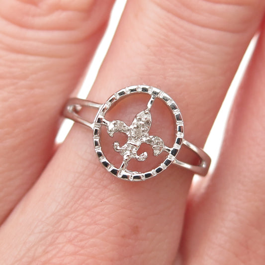 925 Sterling Silver Real Round-Cut Diamond Fleur de Lis Ring Size 6.75