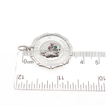925 Sterling Silver Vintage Rhinestone Santa Merry Christmas Charm Pendant