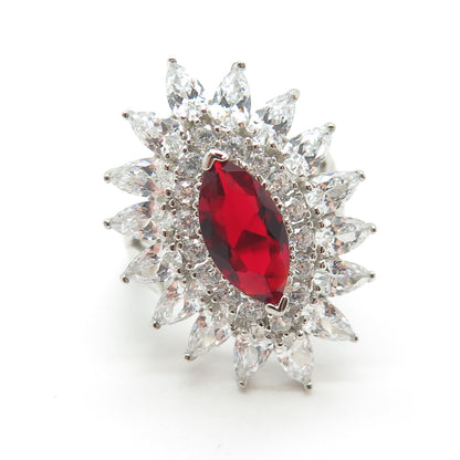 925 Sterling Silver White & Red Multi-C Z Cluster Ring Size 6.75