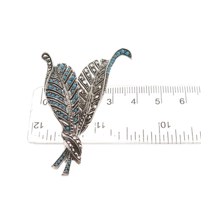 925 Sterling Antique Art Deco Real Marcasite & Blue Rhinestone Floral Pin Brooch