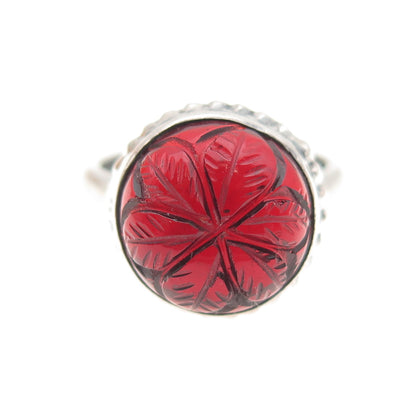925 Sterling Silver Vintage Real Red Garnet Carved Flower Ring Size 8.25