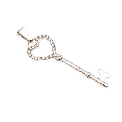 925 Sterling Silver Round-Cut C Z Heart Key Charm Pendant