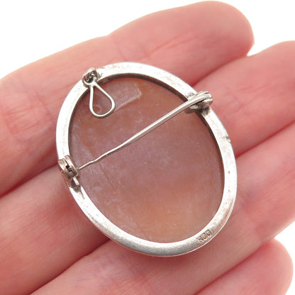 800 Silver 2-Tone Antique Art Deco Real MOP Lady Cameo Pin Brooch / Pendant