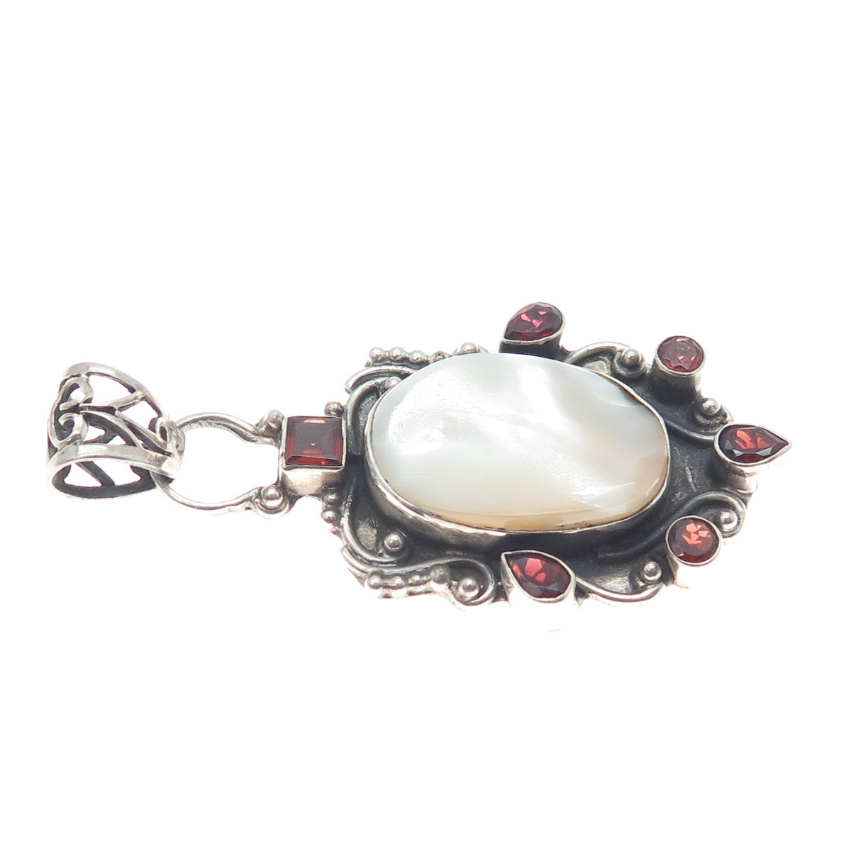 925 Sterling Silver Vintage Real Mother-of-Pearl & Red Garnet Oxidized Pendant