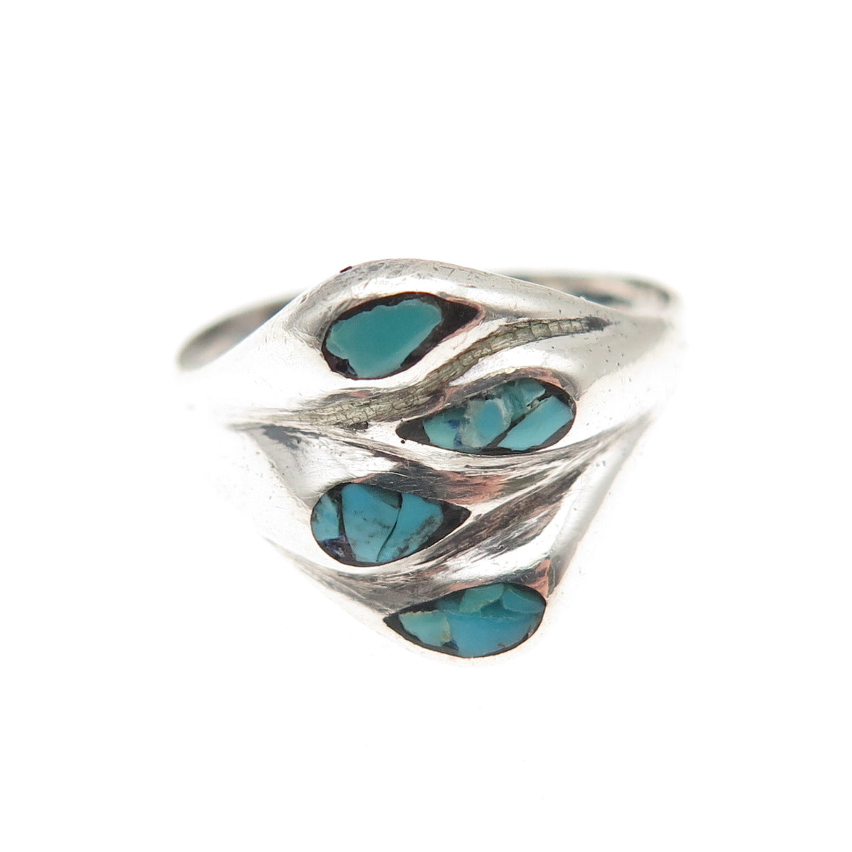 925 Sterling Silver Vintage Real Turquoise Inlay Modernist Oxidized Ring Size 6