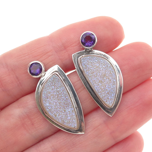 H & BJ Mackie 925 Sterling Silver Vintage Real Druzy Amethyst Modernist Earrings