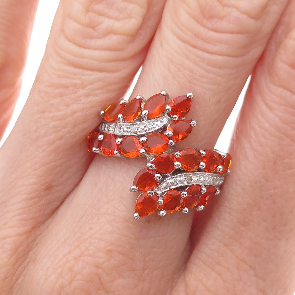 Chuck Clemency 925 Sterling Silver Real Diamond & Fire Opal Bypass Ring Size 8